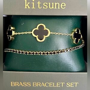 KITSUNE Brass Black Onyx Clover Two Blacelet Dou Set Unisex . NWT